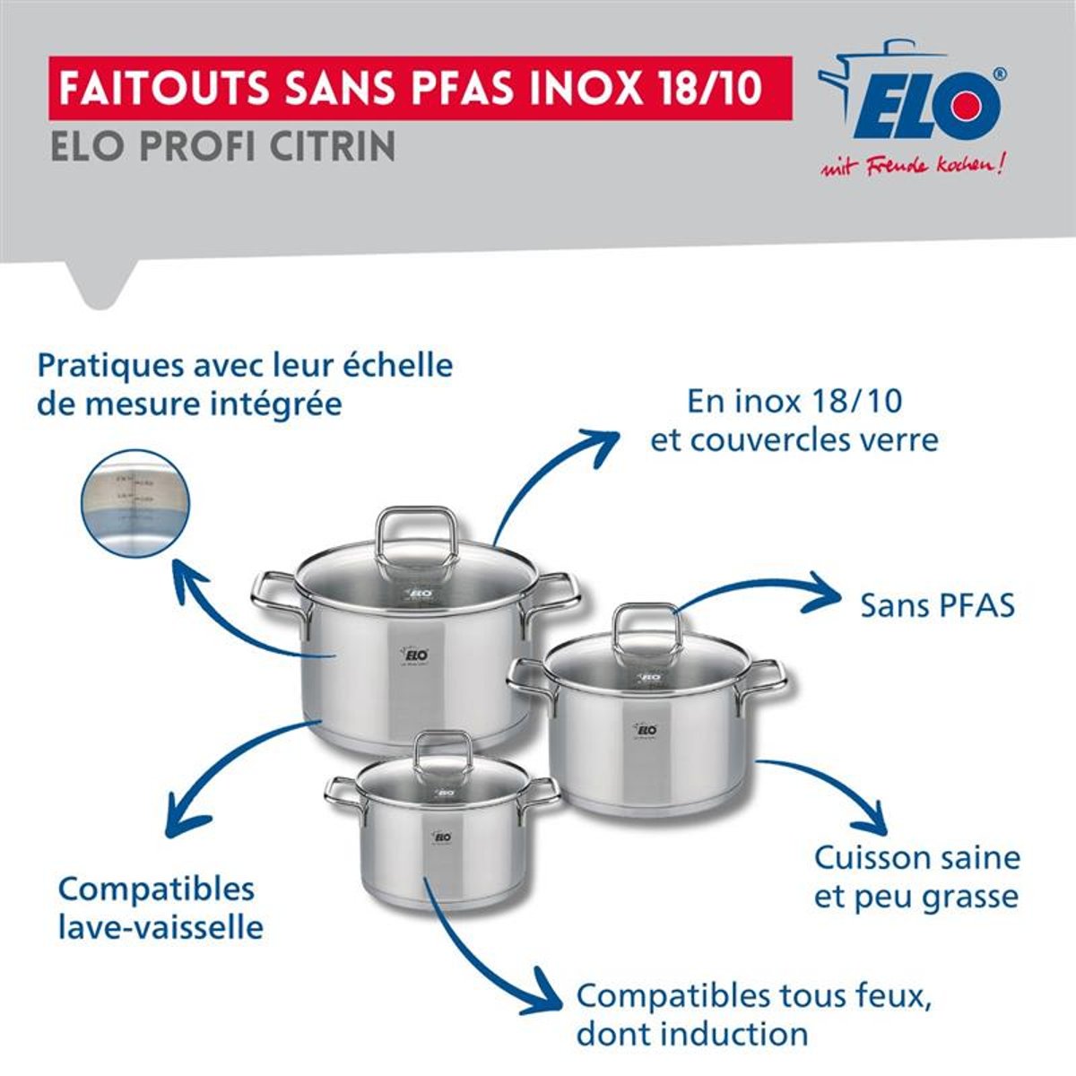 Batterie 2 poêles 24/28cm + 3 faitouts 12/14/20cm PROFI CITRIN gris, ELO