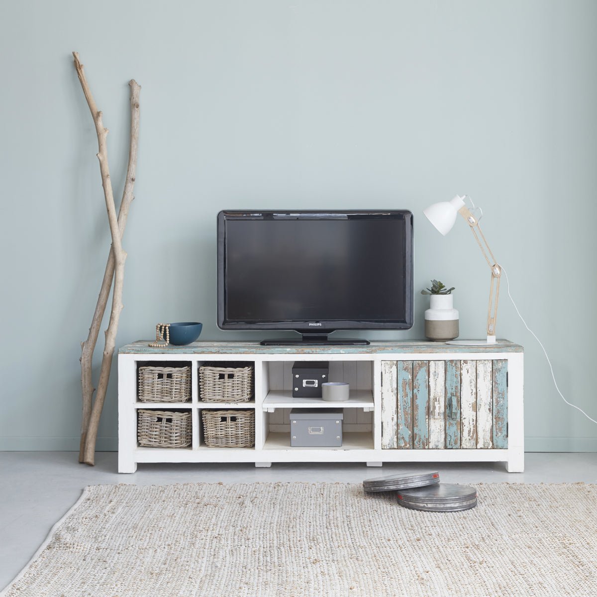 Meuble TV en bois recyclé massif 180 cm ATLANTIC blanc, BERAH GETAH