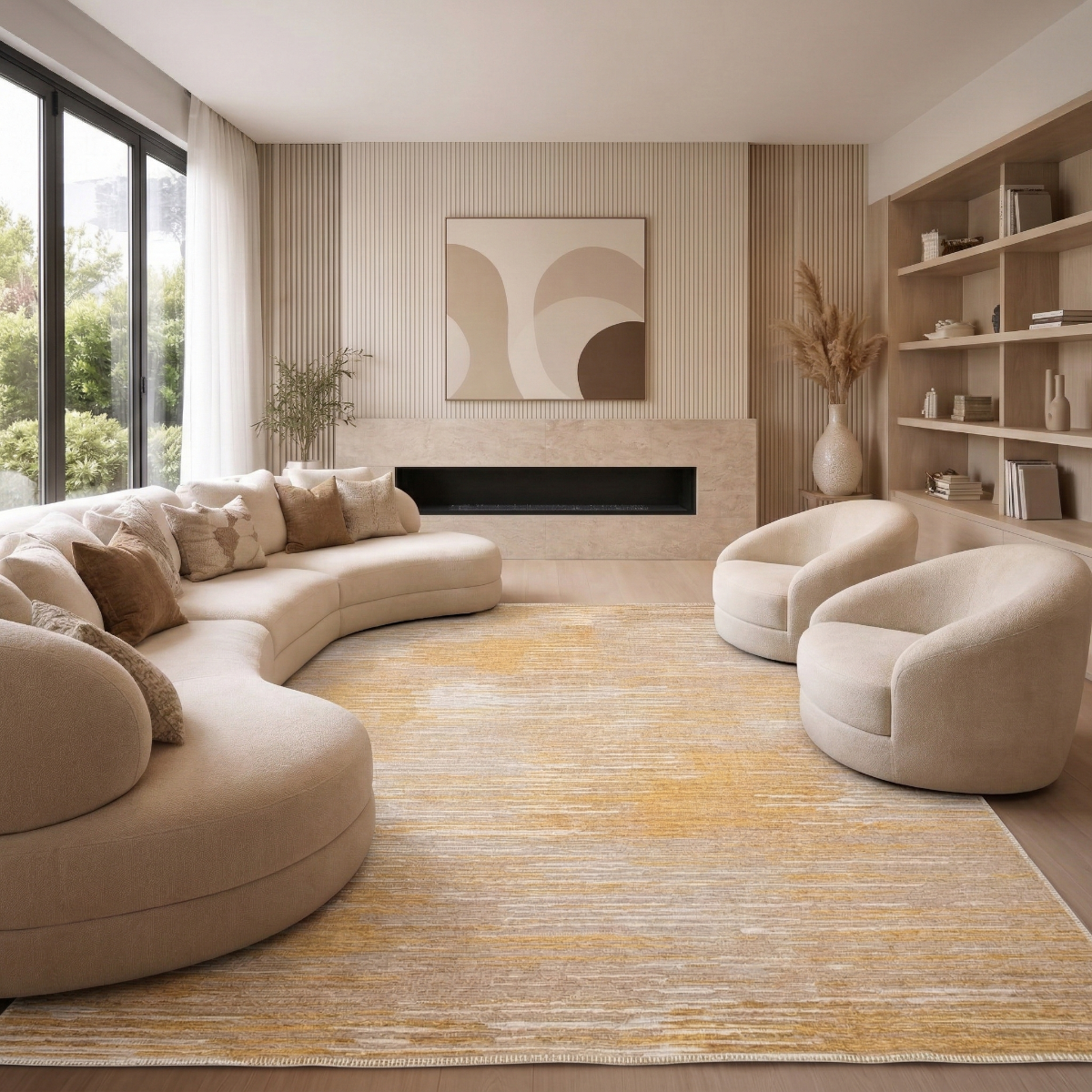 Tapis moderne tissé plat texture linéaire ANNE LINEAIRE ocre beige linéaire, THE DECO FACTORY
