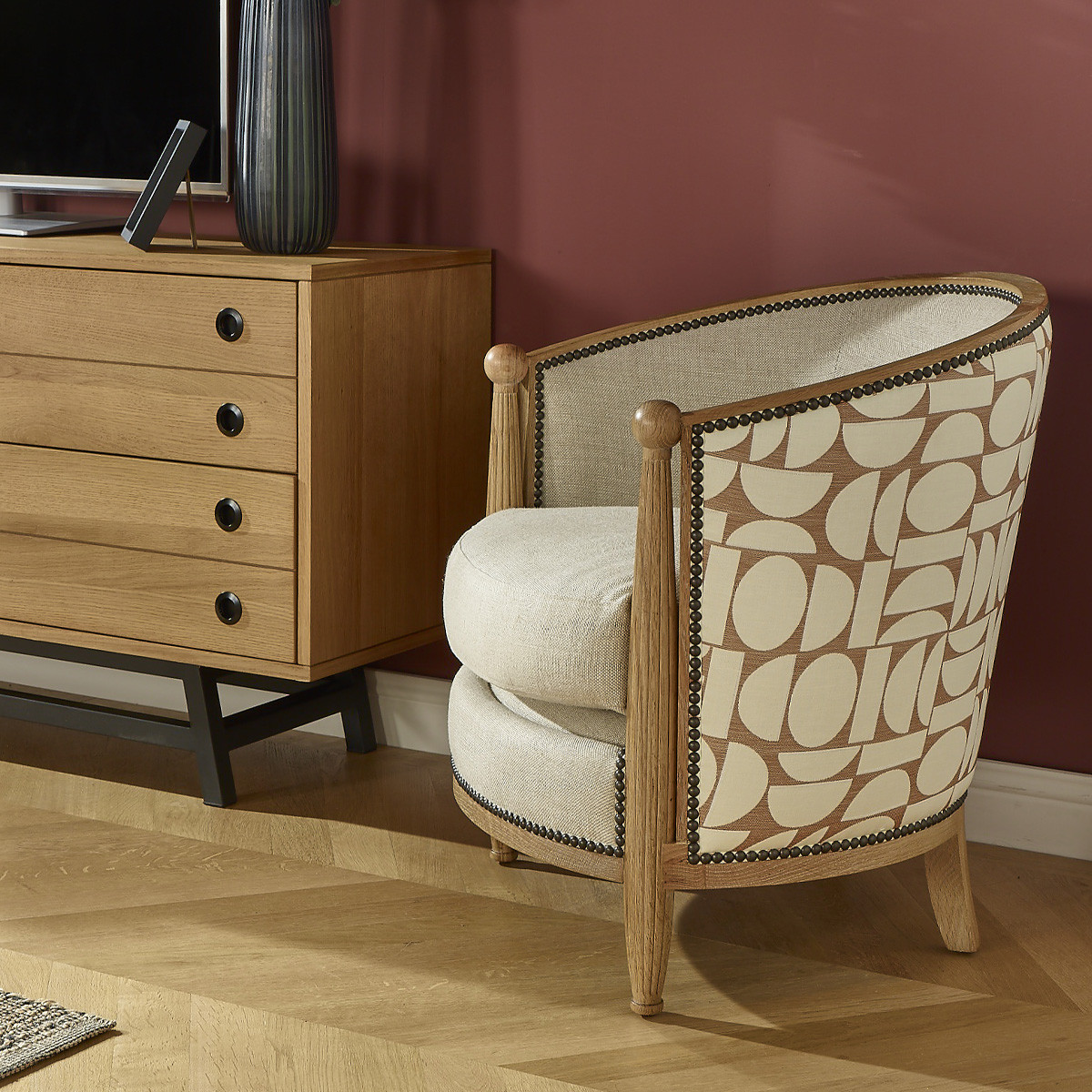 Fauteuil tonneau en chêne, lin et tissu édition limitée CAROLE lin, ROBIN DES BOIS