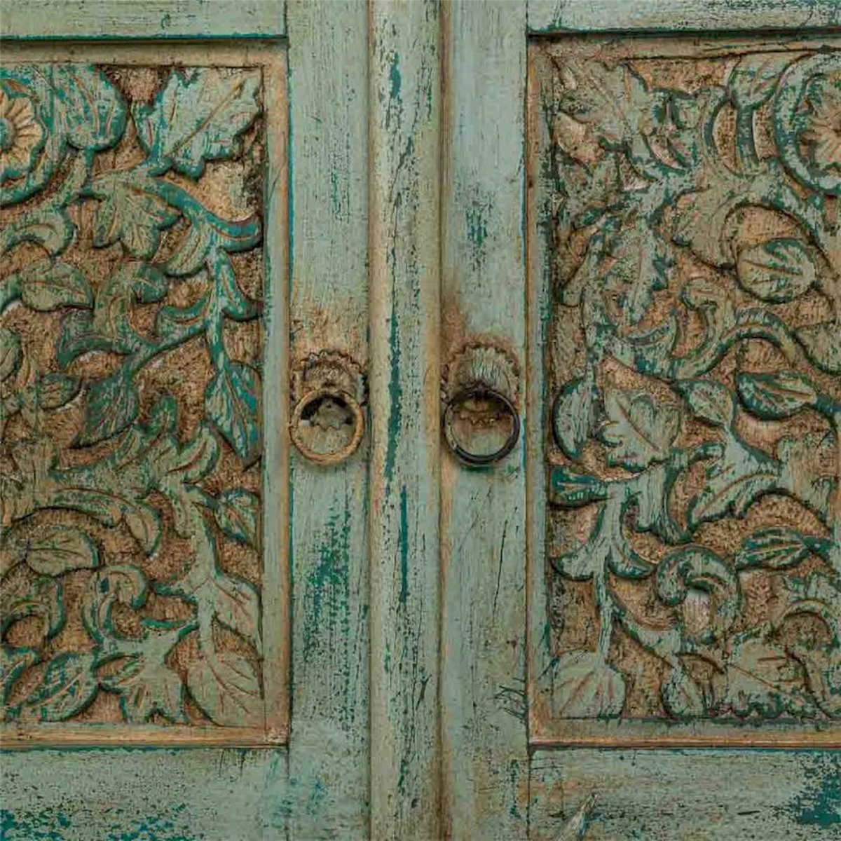 Buffet en manguier sculpté, 2 Portes bleu patiné bois de manguier, RECOLLECTION