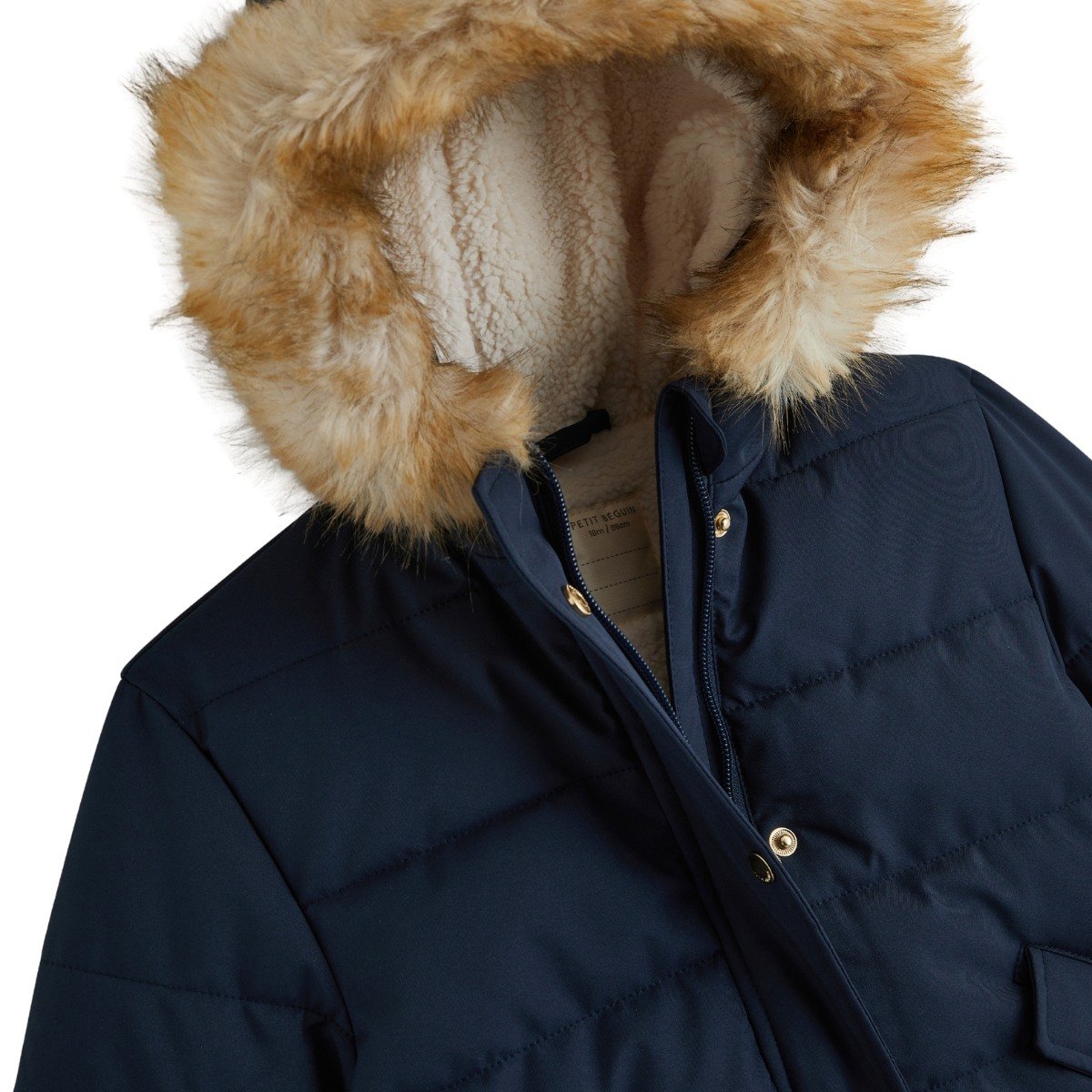 Doudoune enfant imperméable doublée sherpa avec capuche Adèle bleu, PETIT BEGUIN