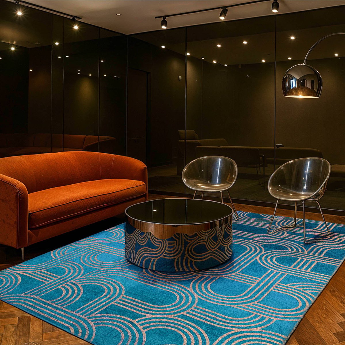 Tapis intérieur extérieur, DISCO bleu pétrole à lignes beige rosé, RECOLLECTION