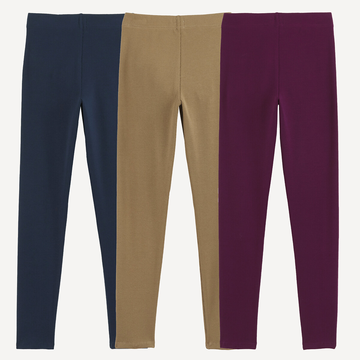 Lot de 3 leggings unis en coton vert + violet + bleu, LA REDOUTE COLLECTIONS
