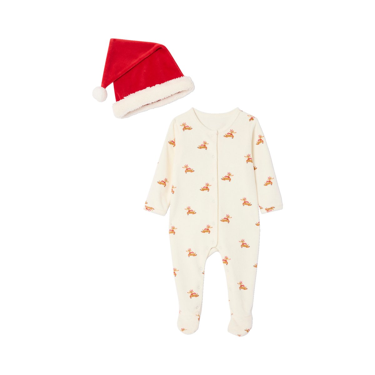 Ensemble bébé noël pyjama bonnet mixte capsule fratrie écru, ENVIE DE FRAISE