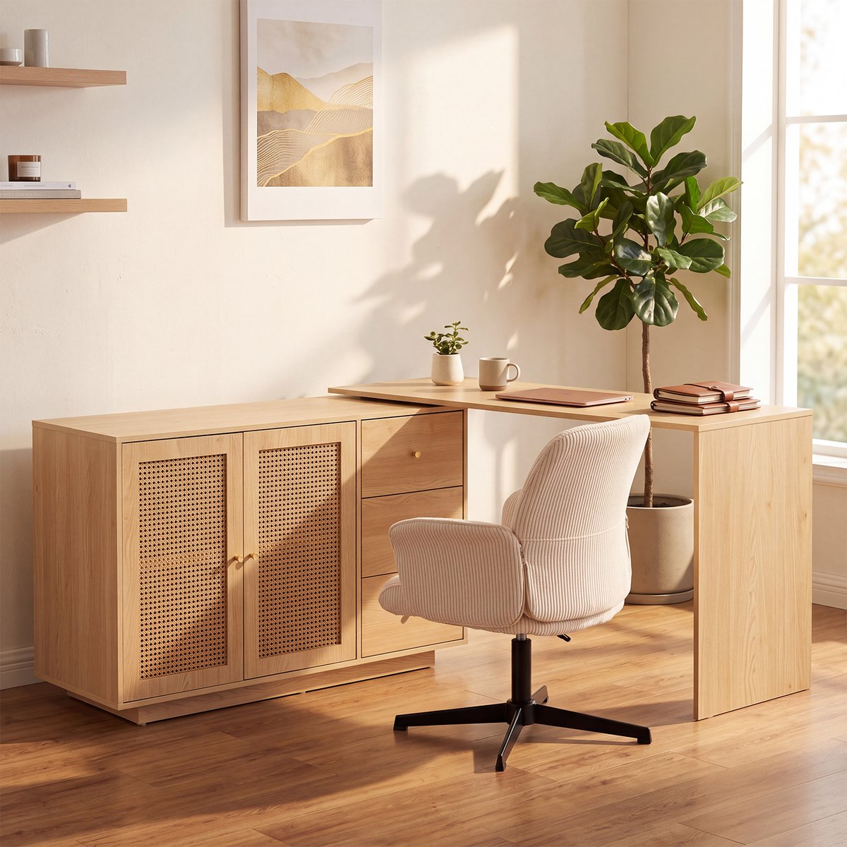 Ensemble de bureau d’angle rotatif avec portes rotin et chaise de bureau, DICCPERNTHOMASINACORD beige, MEUBLES COSY
