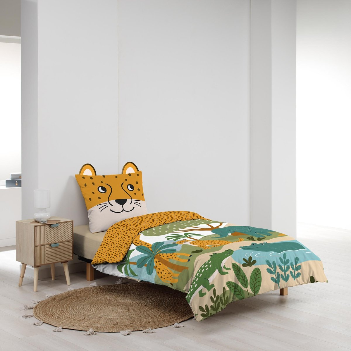Parure de lit enfant 2 pièces 100 % coton imprimé animaux de la jungle housse + taie jaune, DOUCEUR D'INTÉRIEUR
