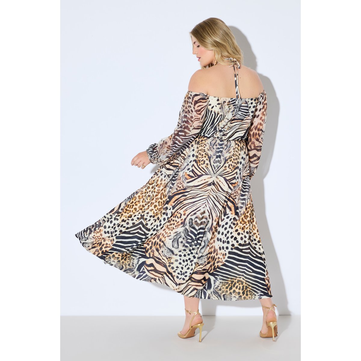 Robe maxi en mousseline. Épaules mastic foncé, ULLA POPKEN