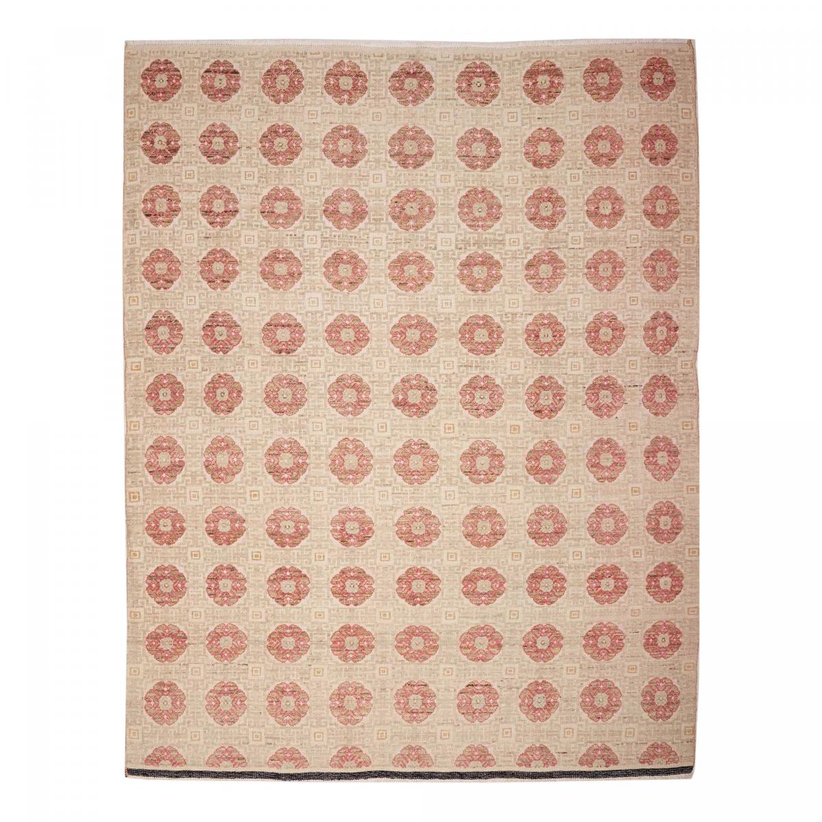 Tapis salon, motif nature floral, artisanal noué main en laine beige, crème, rose, UN AMOUR DE TAPIS