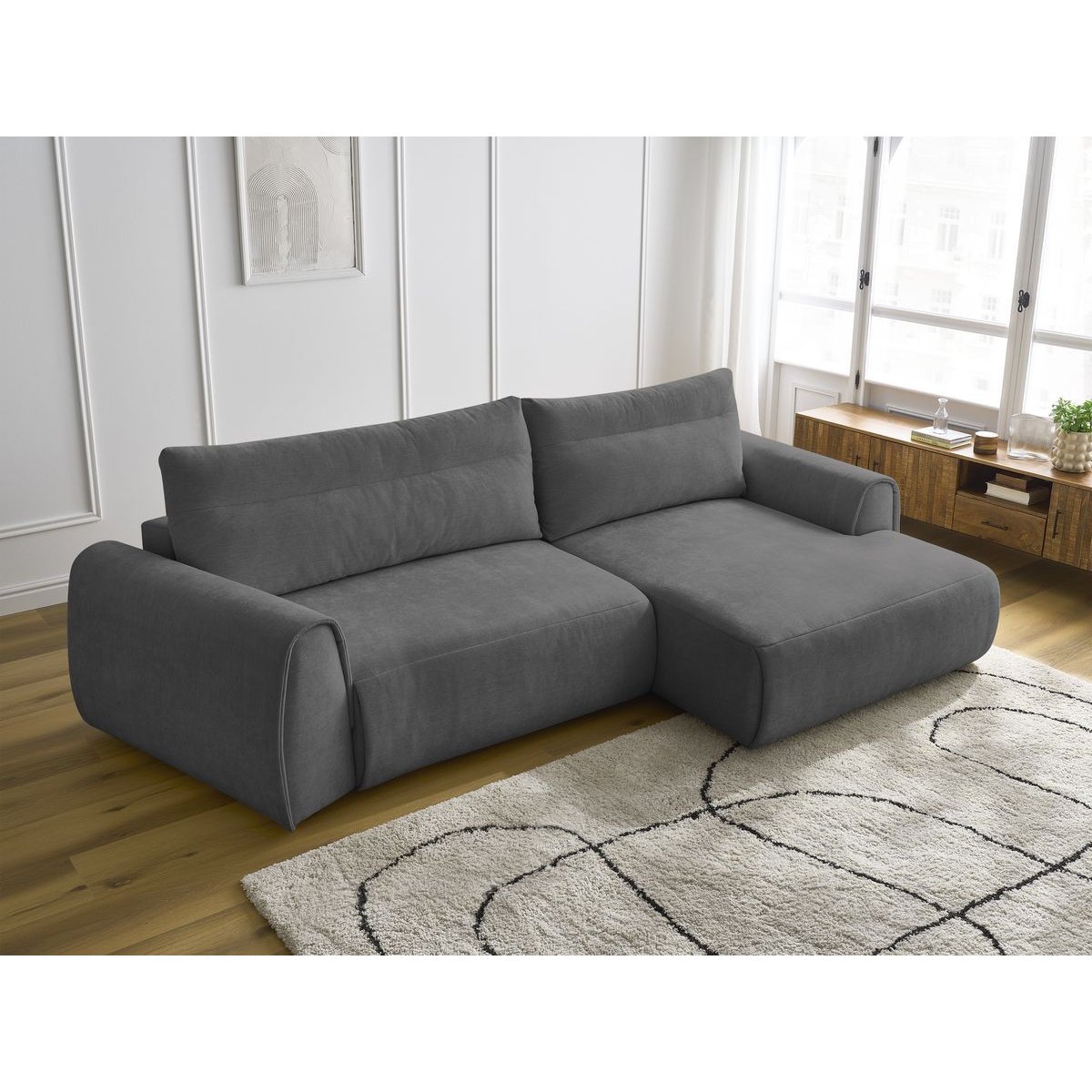 Canapé d'angle fixe incurvé 3 places tissu lisse, ADEN gris foncé, BOBOCHIC