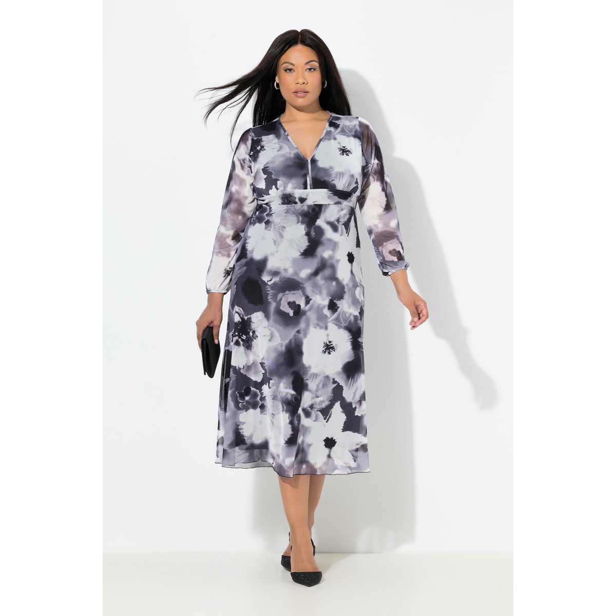 Robe maxi en tulle, motif à fleurs noir, ULLA POPKEN