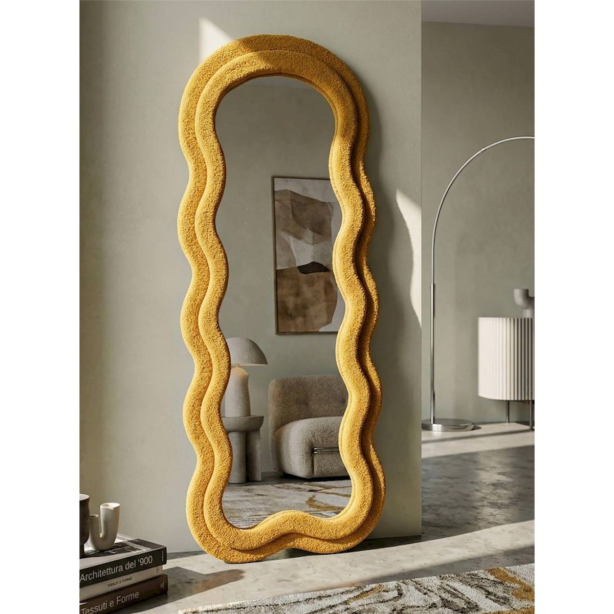 Miroir mural ondulé cadre en tissu bouclé GLAM crème, RECOLLECTION