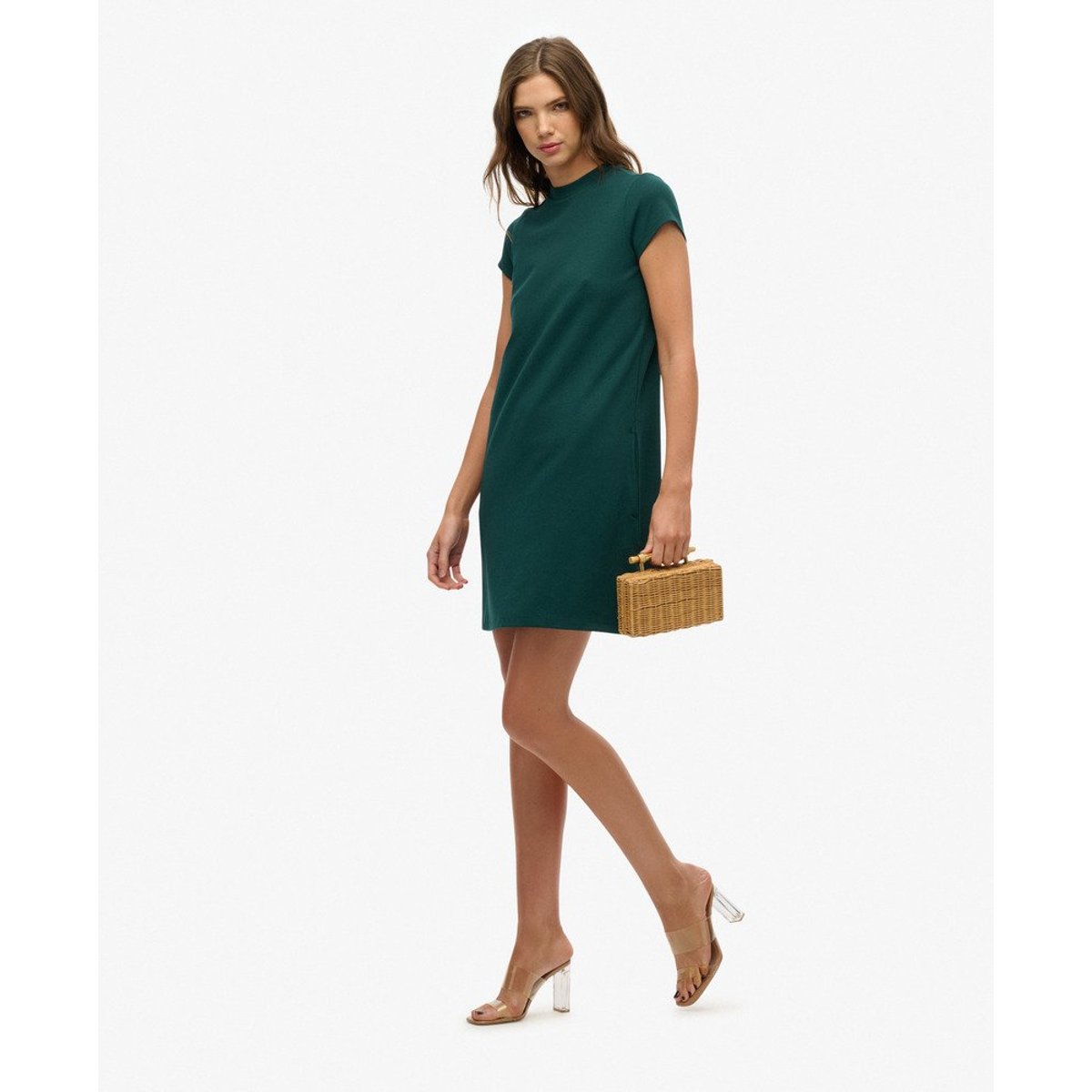 Robe trapèze courte à manches courtes vert forêt, SUPERDRY