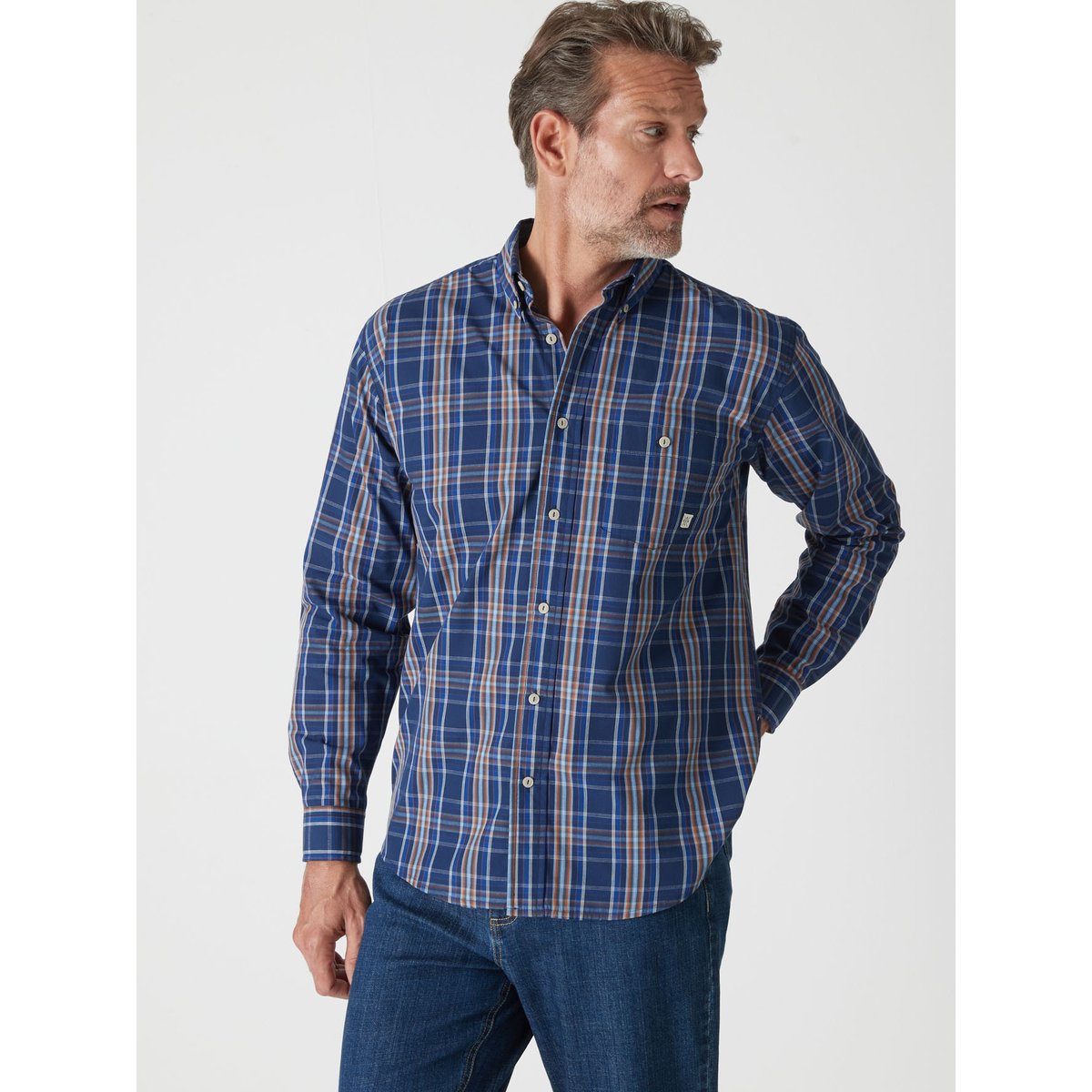 Chemise manches longues à carreaux bleu carreaux rayé bleu, DAXON