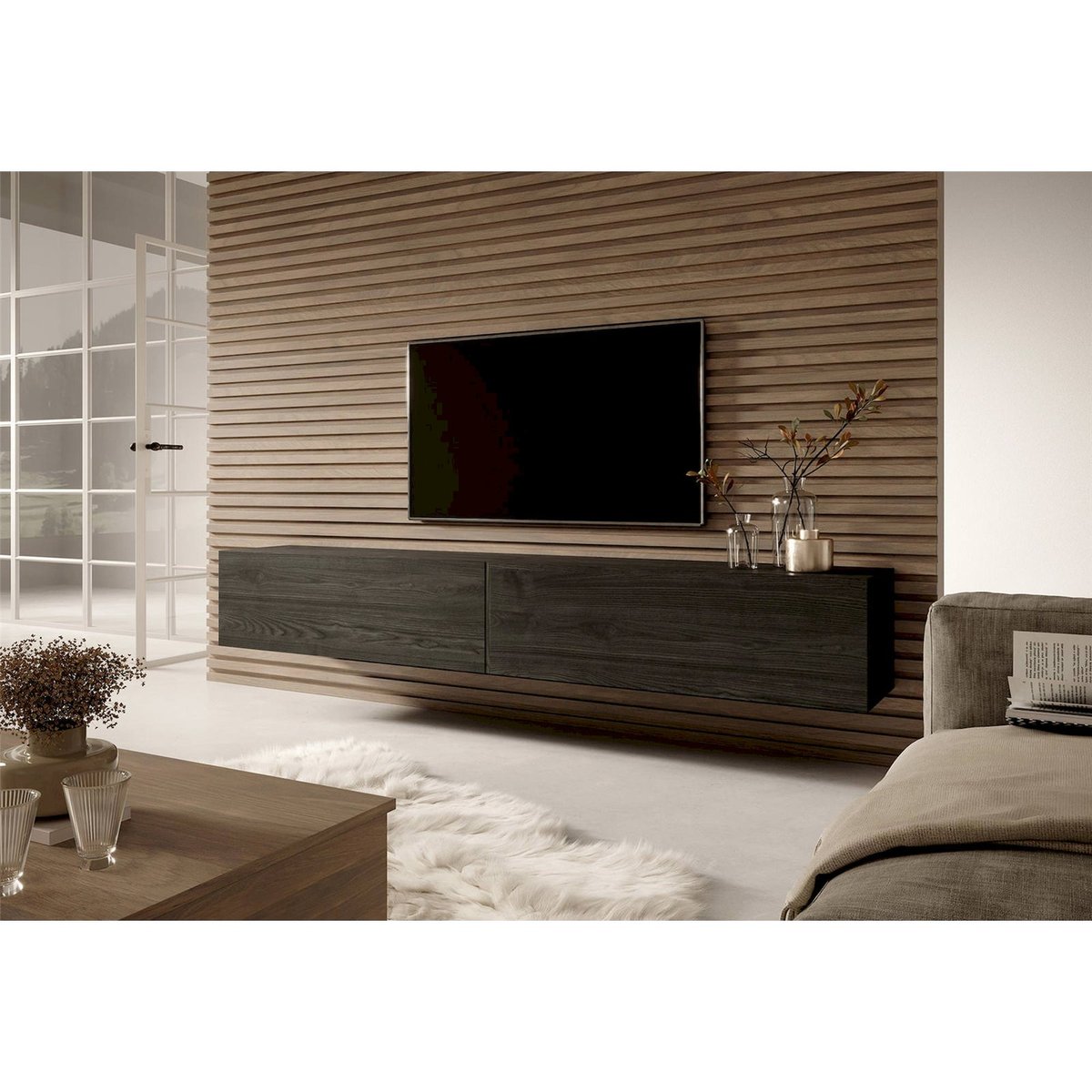 Meuble tv suspendu bois collection BISIRA cachemire, RECOLLECTION