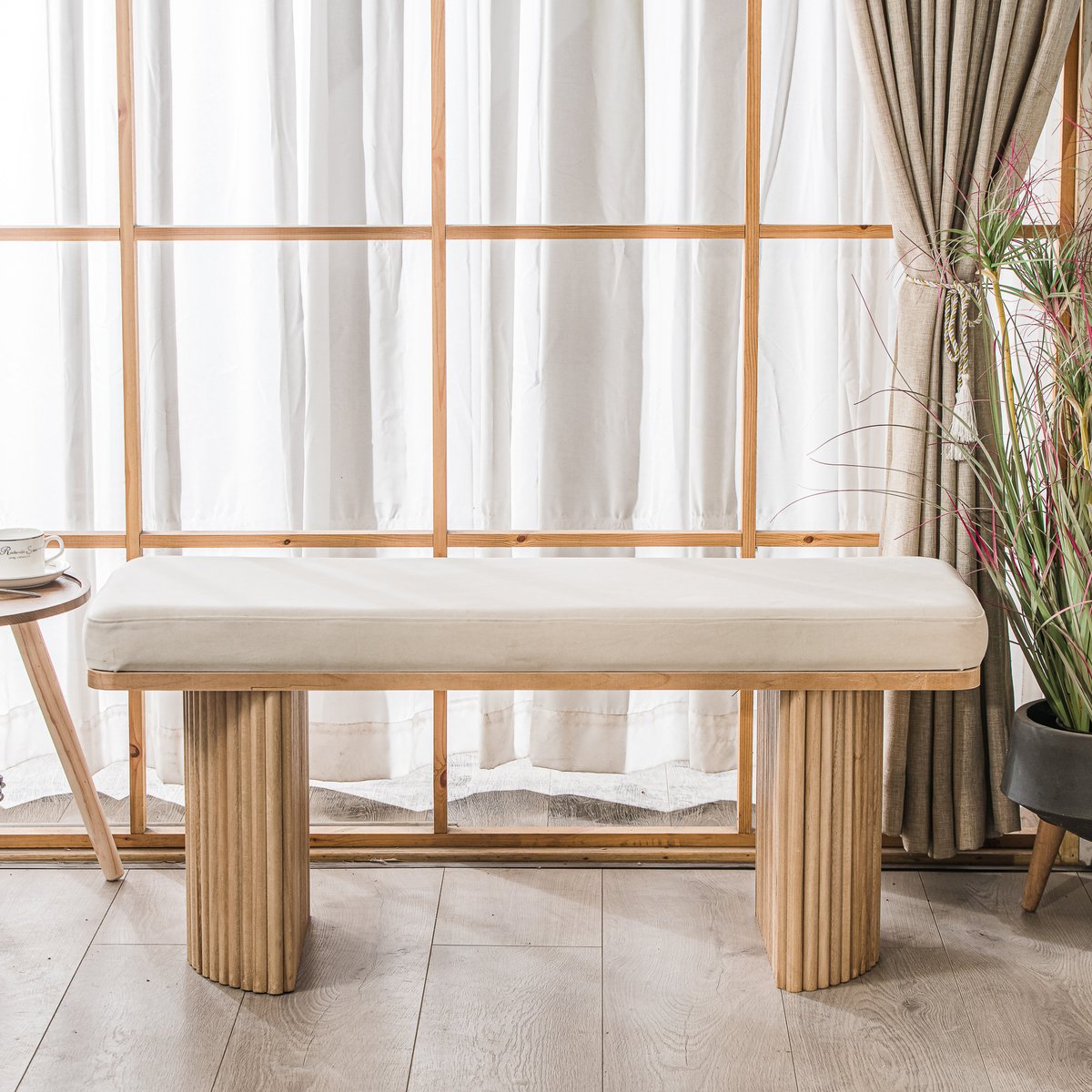 Banc, bois massif et velours, PIREUS beige, NORDLYS