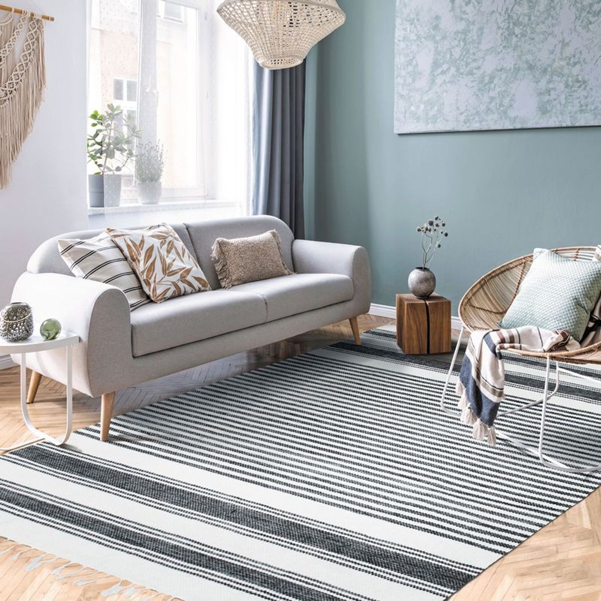 Tapis salon artisanal en coton noir gris blanc, THE DECO FACTORY