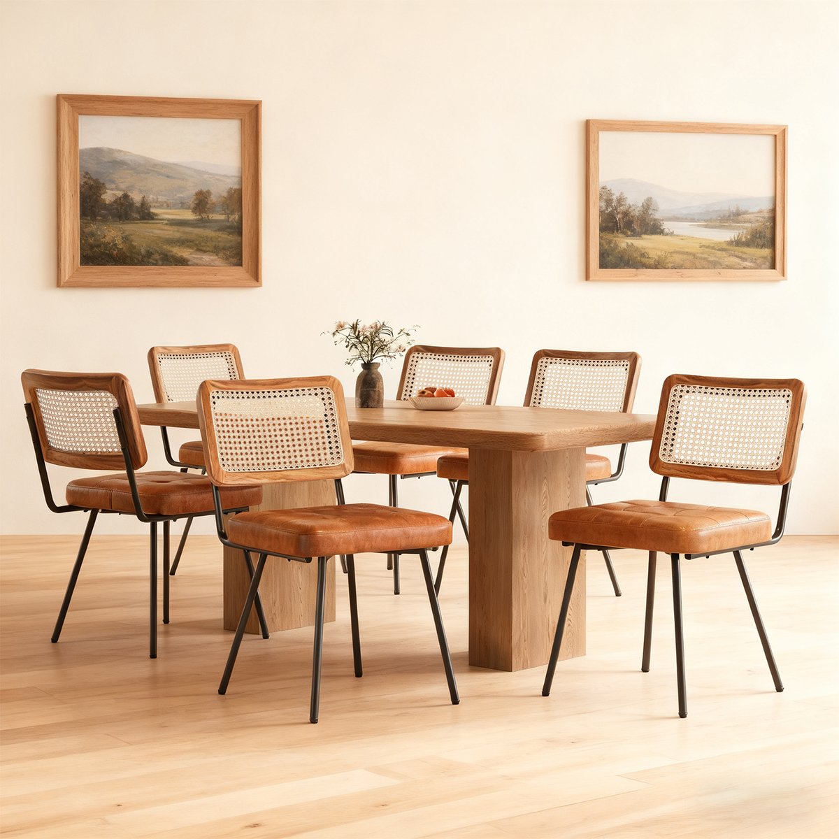 Lot de 6 chaises de salle à manger en simili cuir avec dossier en rotin PE style rétro moderne, KAROMIR marron, MEUBLES COSY
