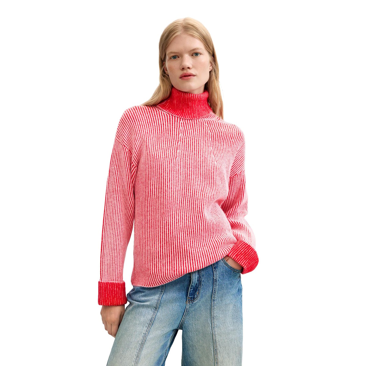 Pull à col roulé en maille côtelée rouge, DESIGUAL