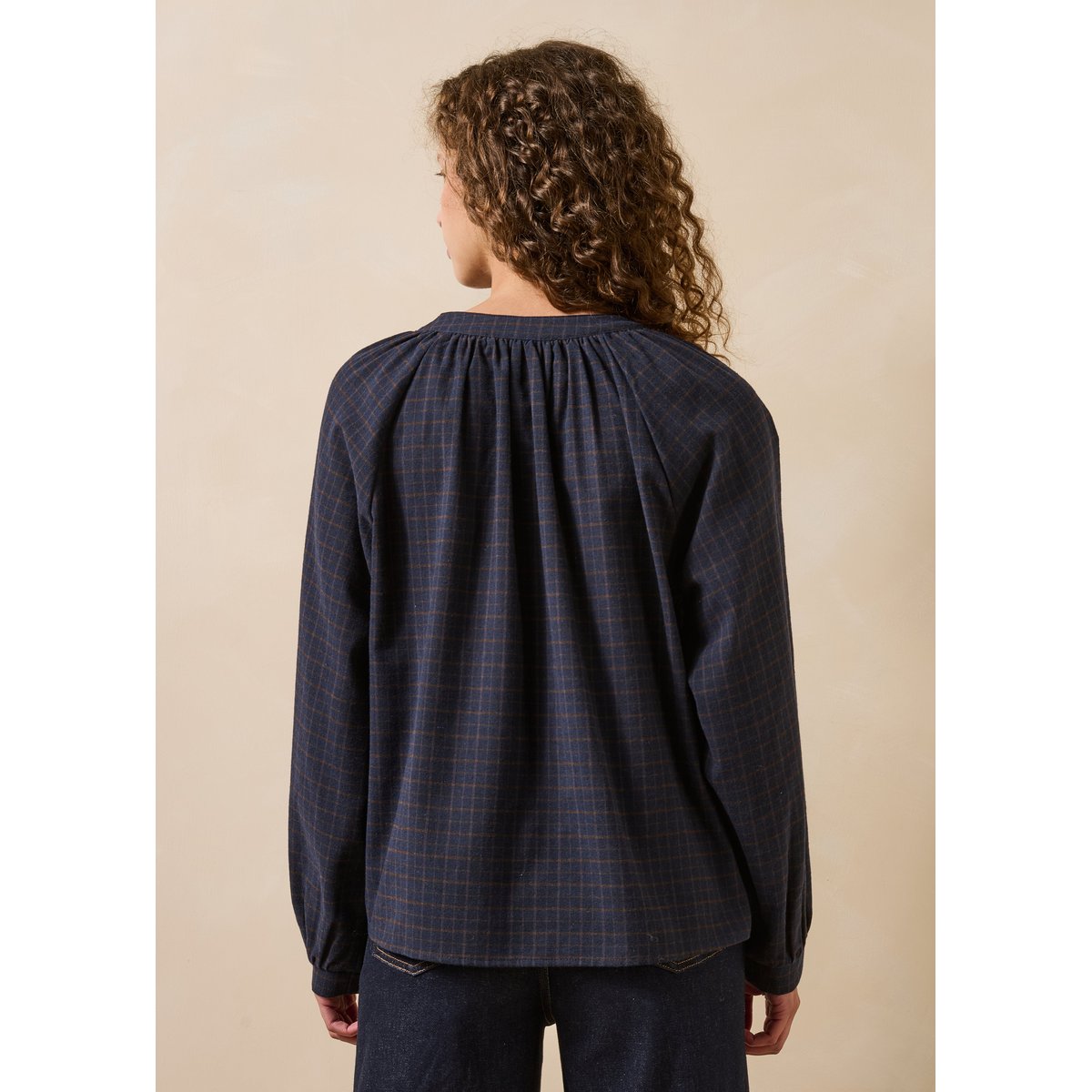 Chemise ample à carreaux en flanelle de coton marine, LA FEE MARABOUTEE