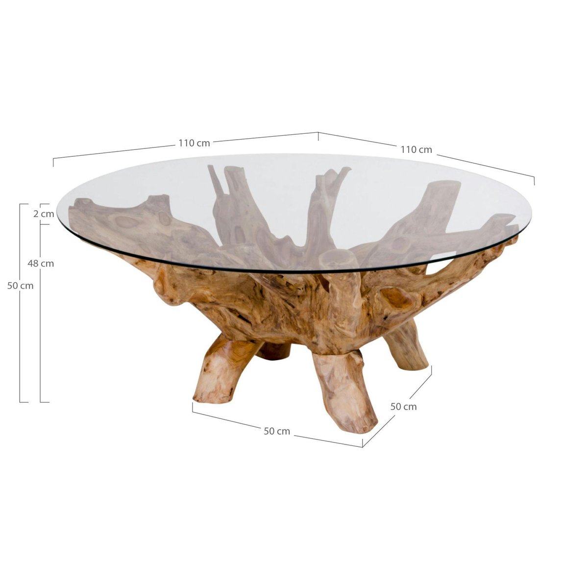 Table basse ronde en racine de teck Ø110 cm - plateau verre ARIZONA bois naturel, PIER IMPORT