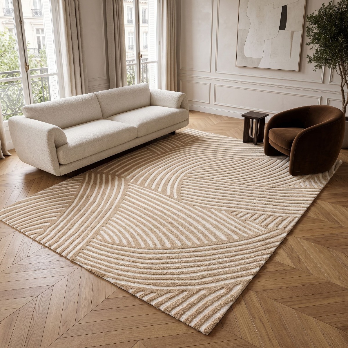 Tapis salon à reliefs doux géométrique DESIGN COURBE beige, THE DECO FACTORY
