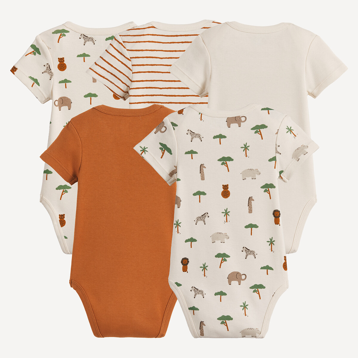 Lot de 5 bodies, manches courtes, thème savane assortis, LA REDOUTE COLLECTIONS