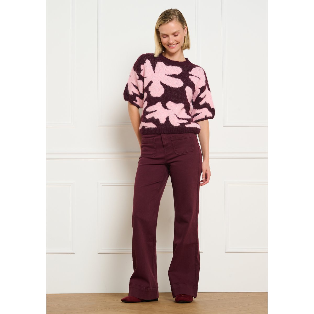 Pull jacquard fleuri bordeau wine, LOLALIZA