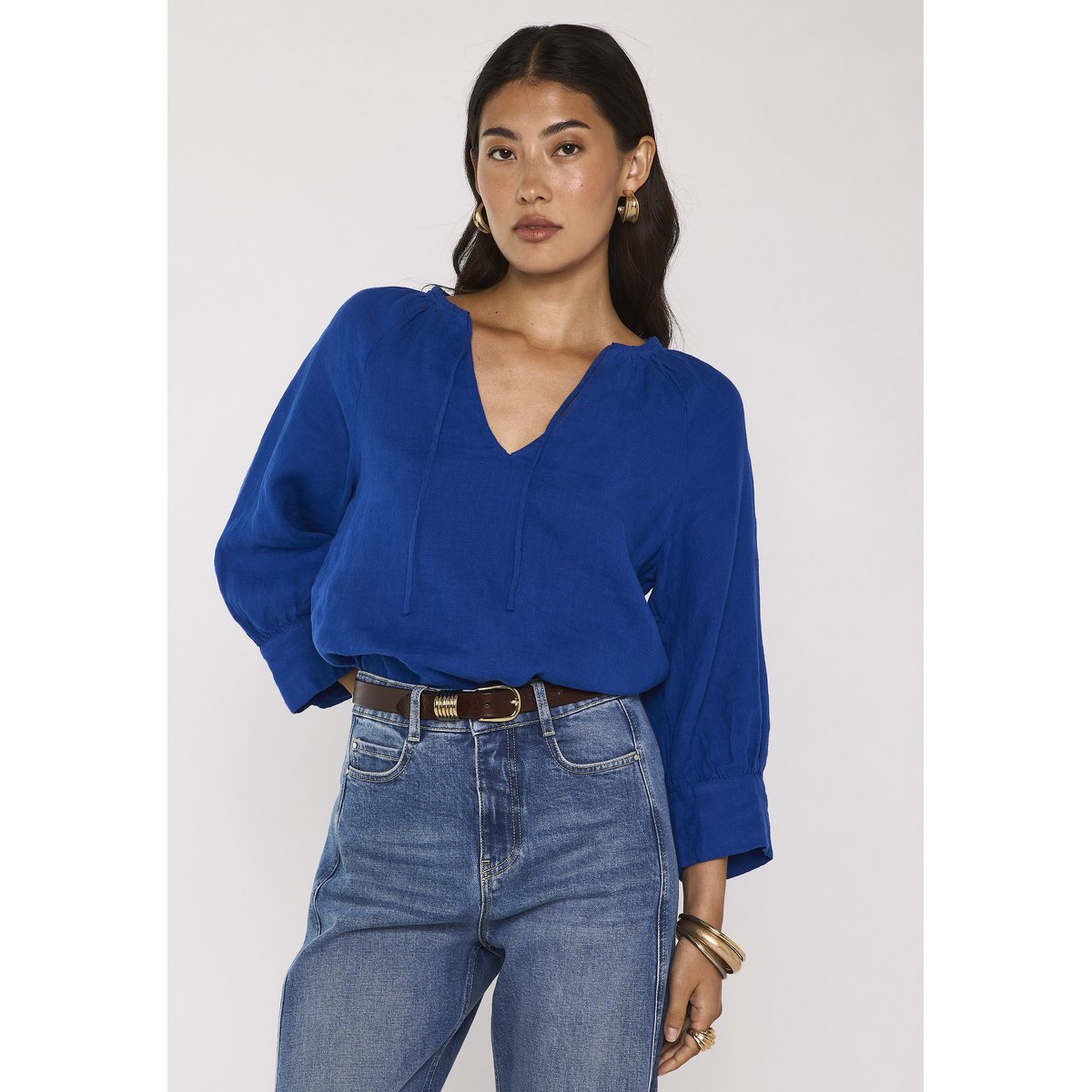Blouse à manches 3/4 en lin DAMIA bleu roi, Maison 123