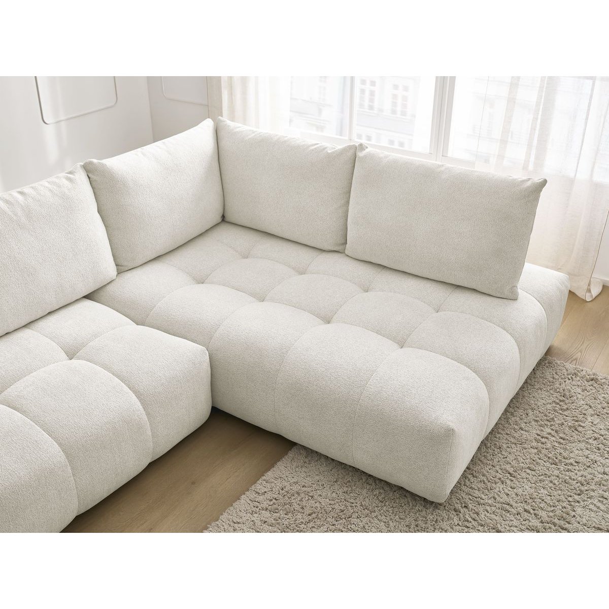 Canapé d'angle convertible 3 places en tissu chiné, EVEREST blanc, BOBOCHIC