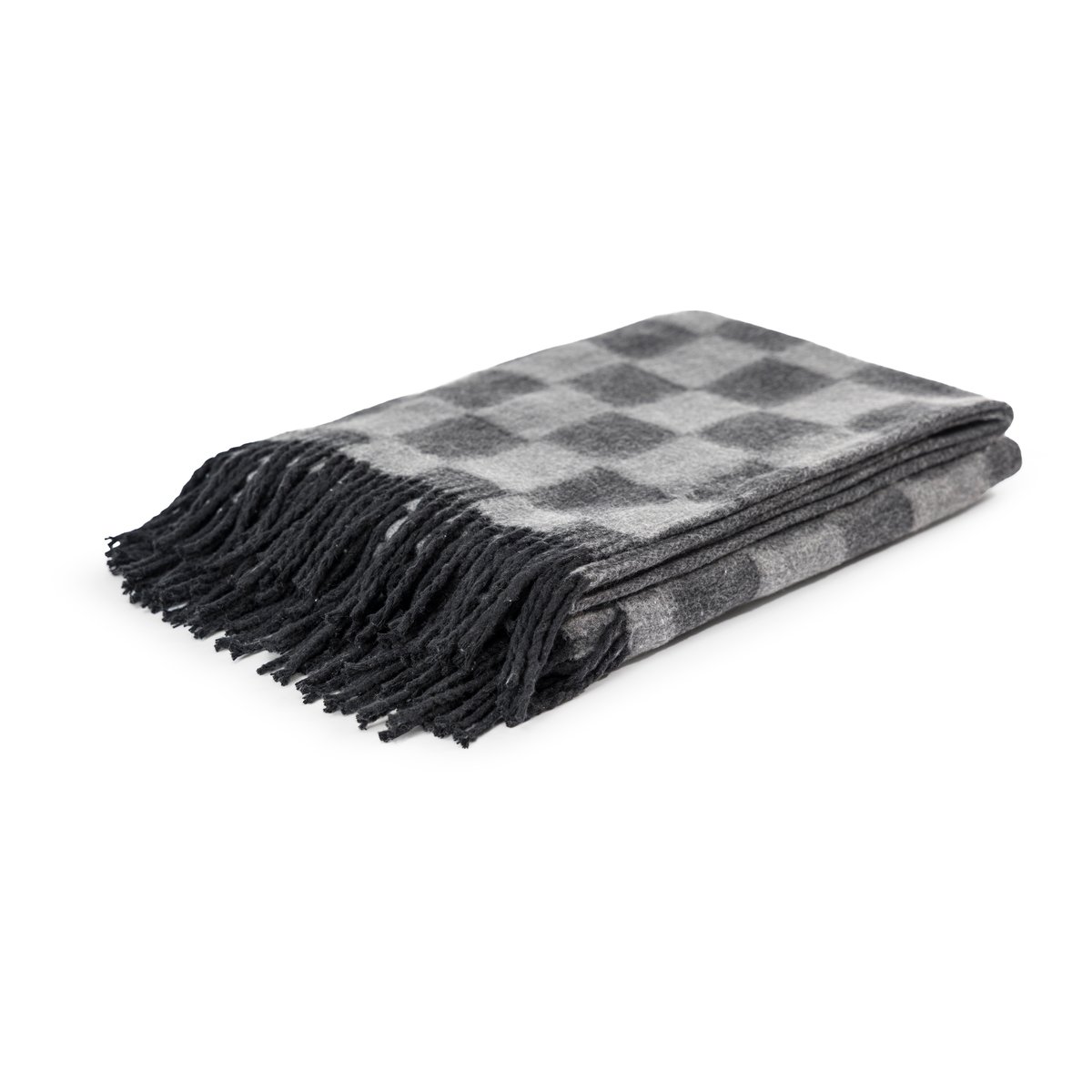 Plaid à damier et franges en coton et polyester recyclés VARIA gris, anthracite et noir, MAGMA HEIMTEX