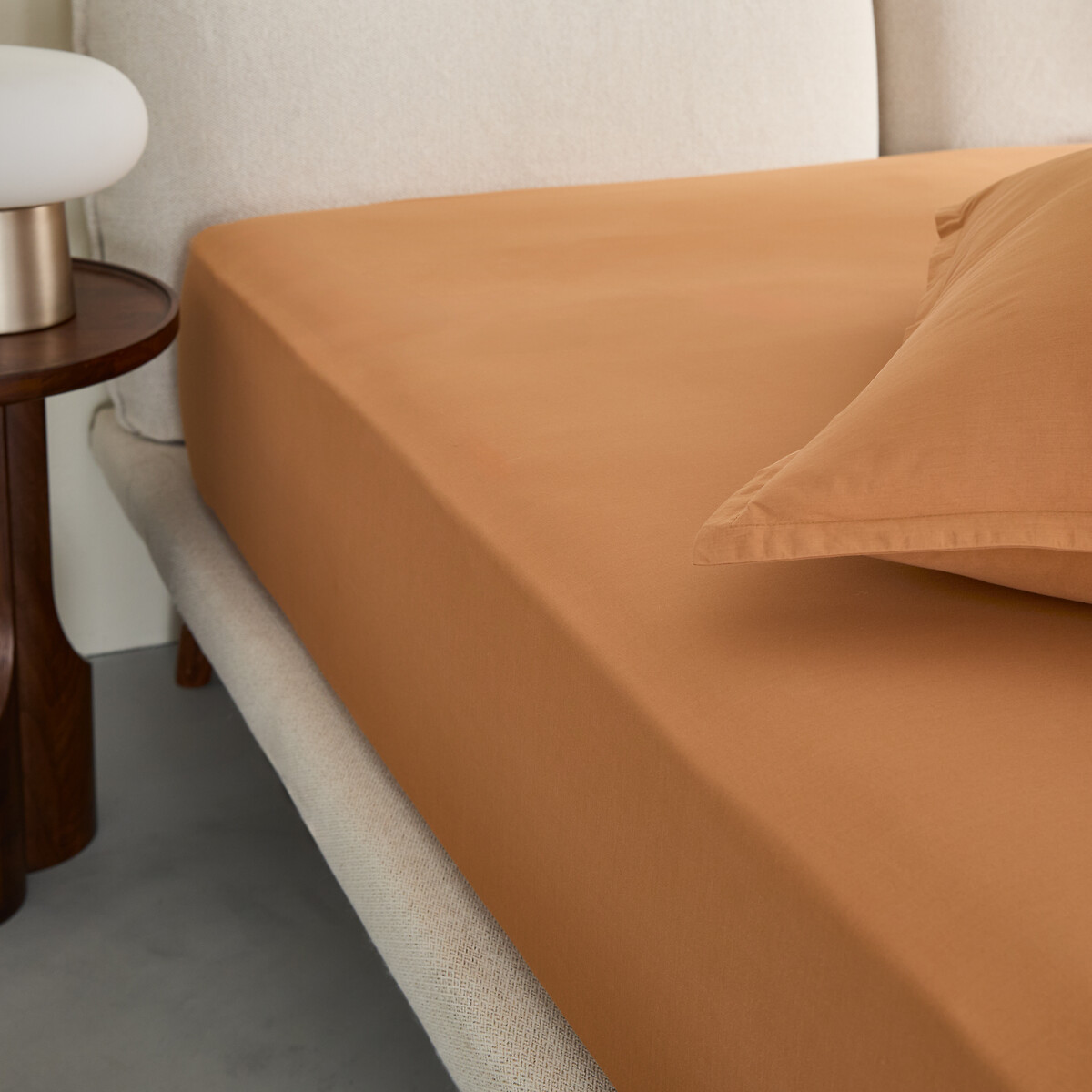 Drap-housse percale de coton lavé 120 fils, bonnet 30 cm, SABBAL speculoos, AM.PM