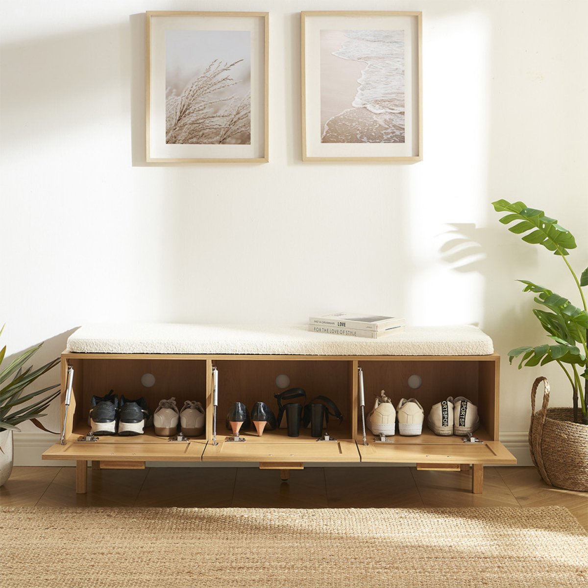 Banc d'entrée avec rangement à chaussures en bois et cannage L140cm- JUNE bois clair, DRAWER