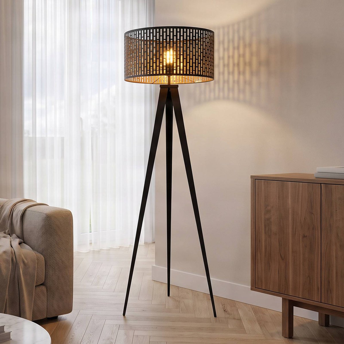 Lampadaire en métal, Thoralf noir, or, LINDBY