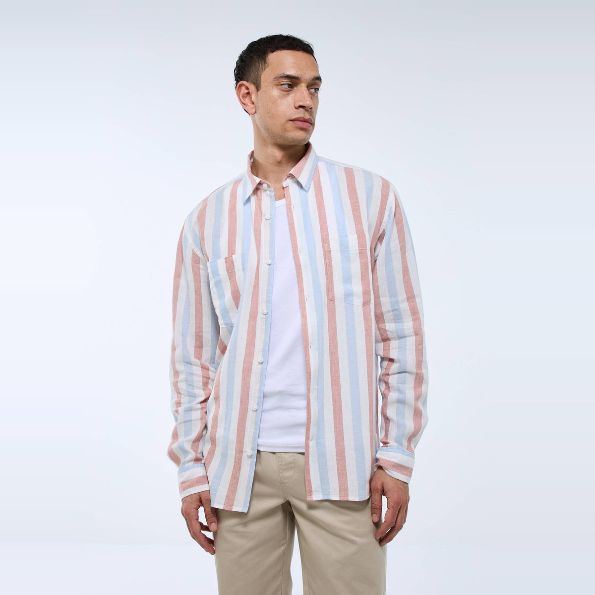 Chemise manches longues rayée en mélange lin aube, MONOPRIX