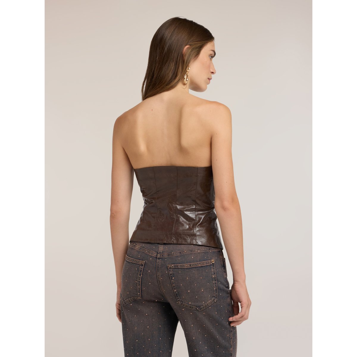 Bustier brillant avec effet crinkle et zip marron, MOTIVI