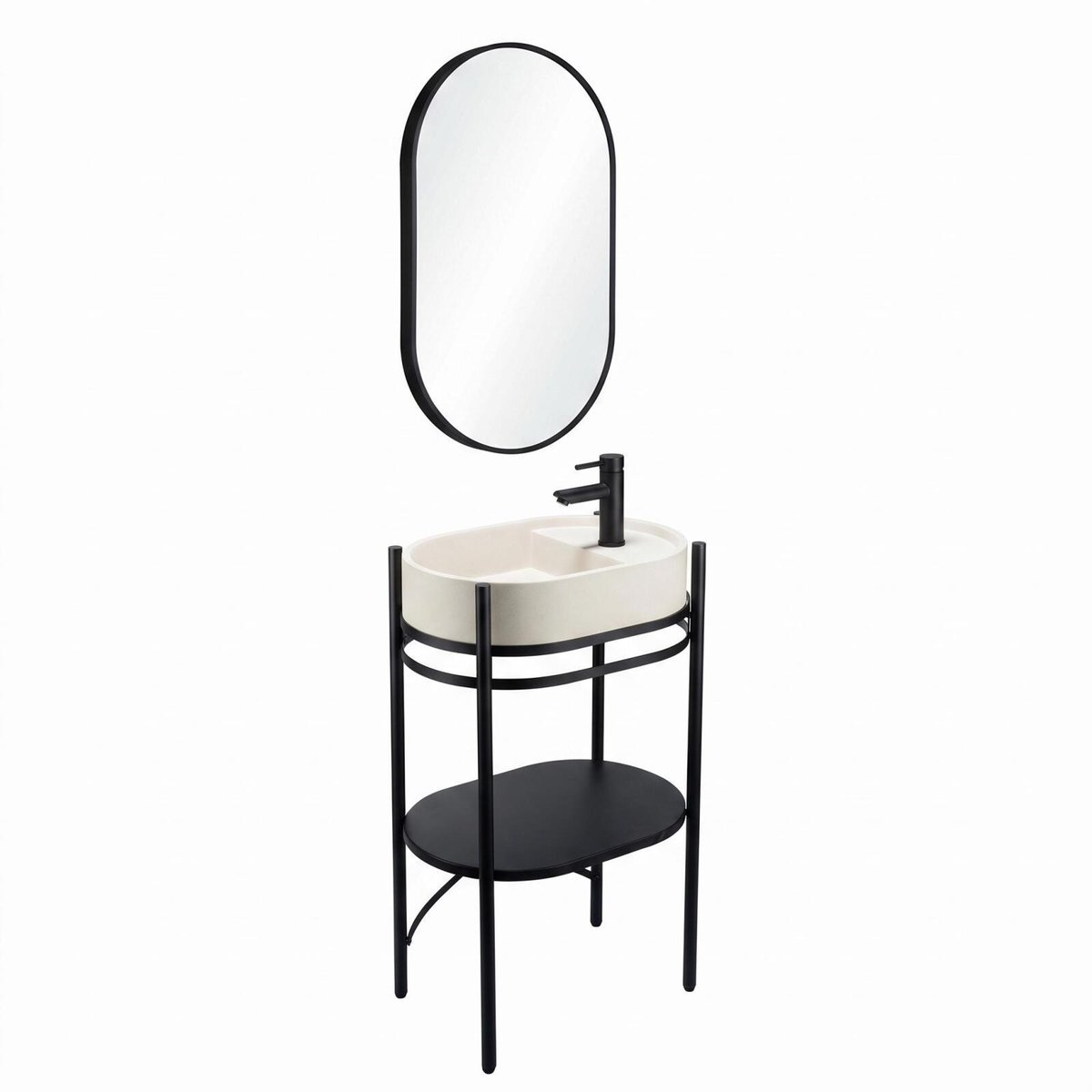 Meuble simple vasque sur pieds 55cm en métal noir et vasque béton et robinet noir et miroir beige, MOB IN