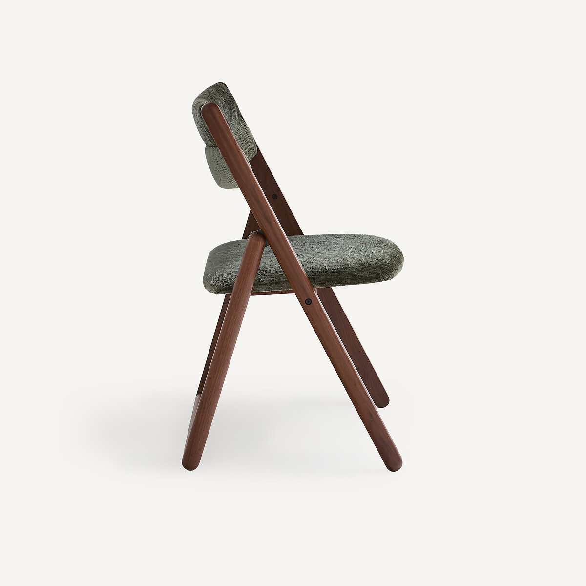 Chaise pliante, en noyer massif et tissu velours, CAMMINATA kaki, EMMANUEL GALLINA X AM.PM