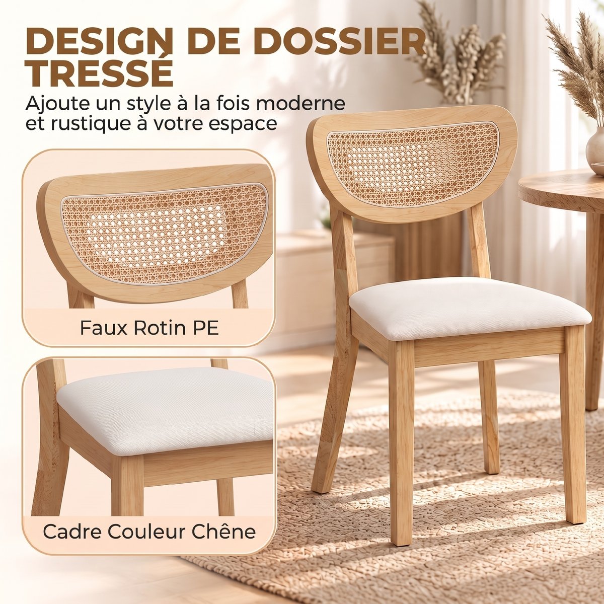 Chaise de salle à manger Tissu aspect lin beige, chêne naturel, HOMCOM