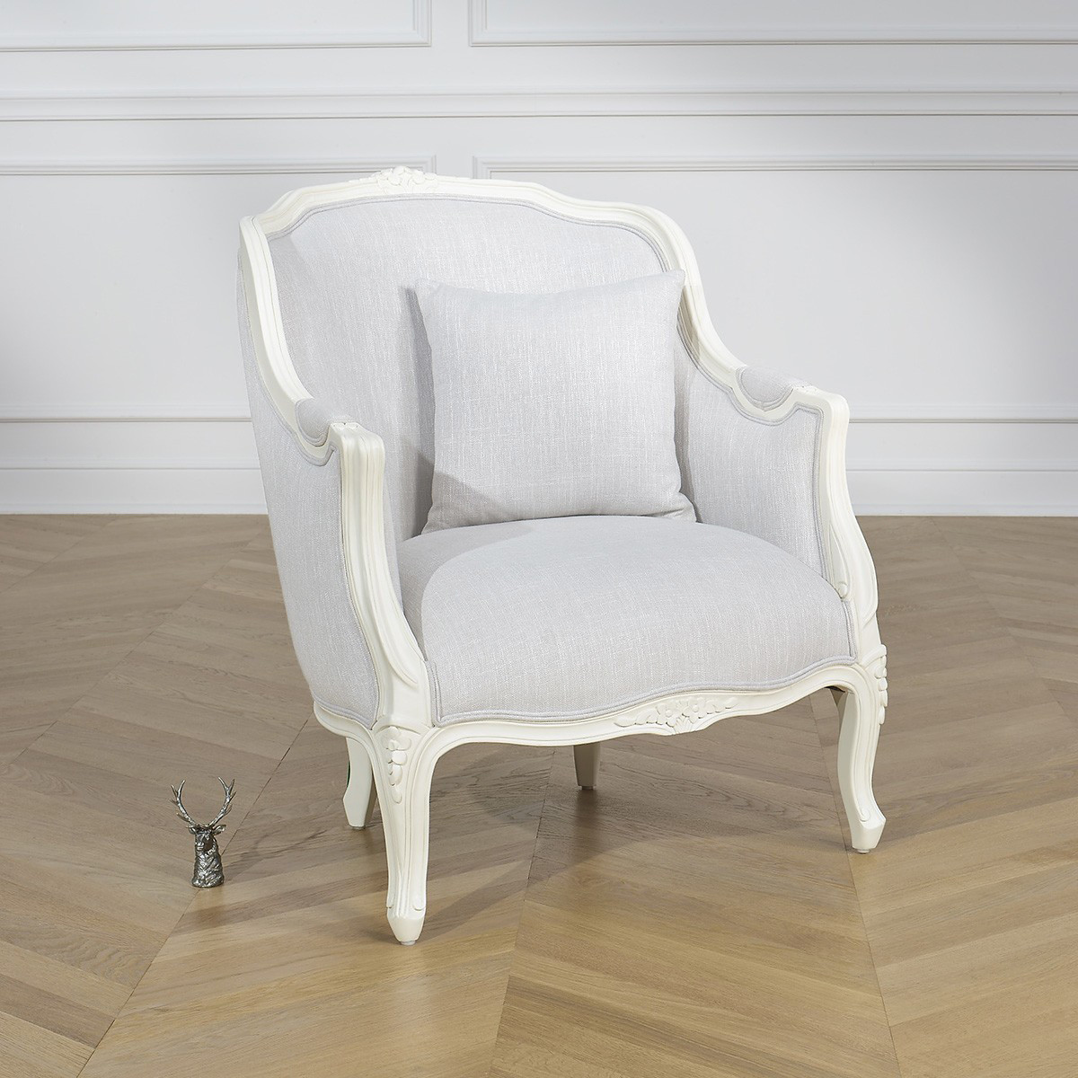 Fauteuil bergère en hévéa et tissu effet lin VICTOR nacre, ROBIN DES BOIS