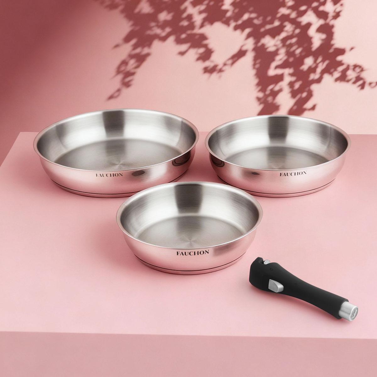3 poêles 20/24/28 cm amovible inox 18/8 induction couleur unique, LAGUIOLE CUISSON