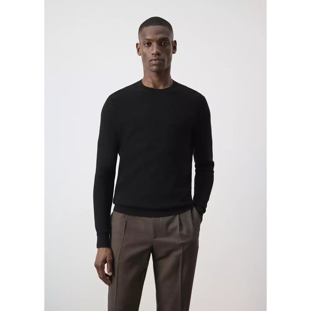 Pull en mélange de coton maille fine noir, MANGO MAN