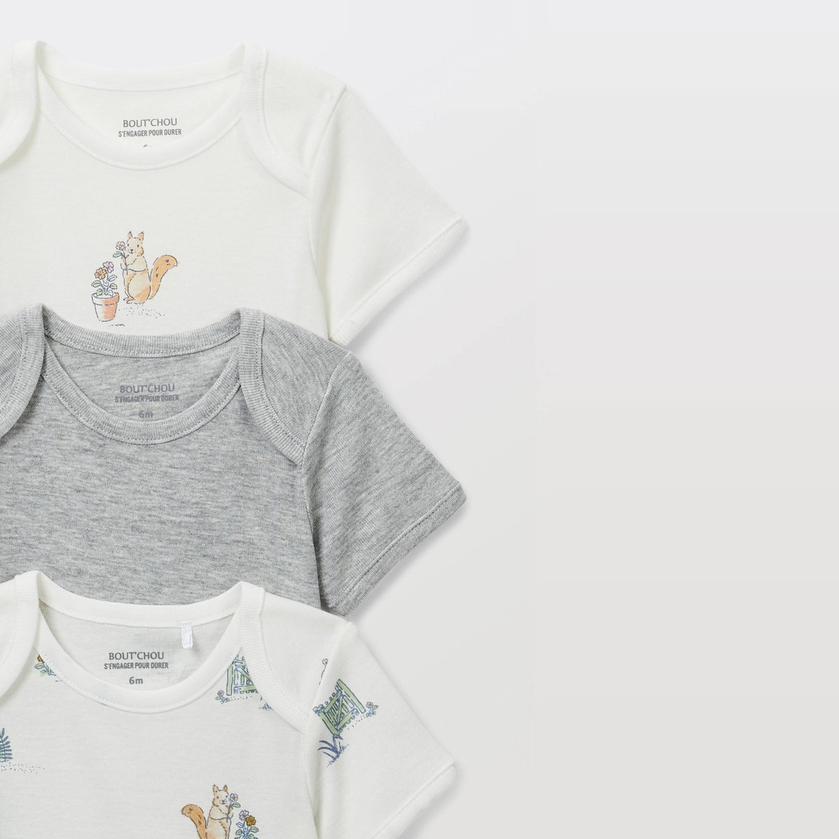 Lot de 5 bodies manches courtes imprimé en coton BIO GOTS ecru, BOUT'CHOU