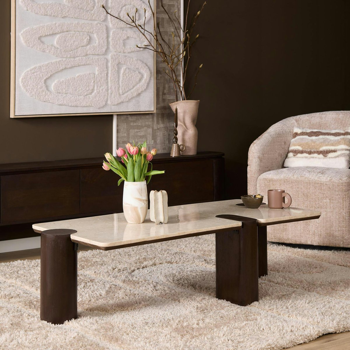 Table basse marbre et bois style puzzle DUOMO beige, PIER IMPORT