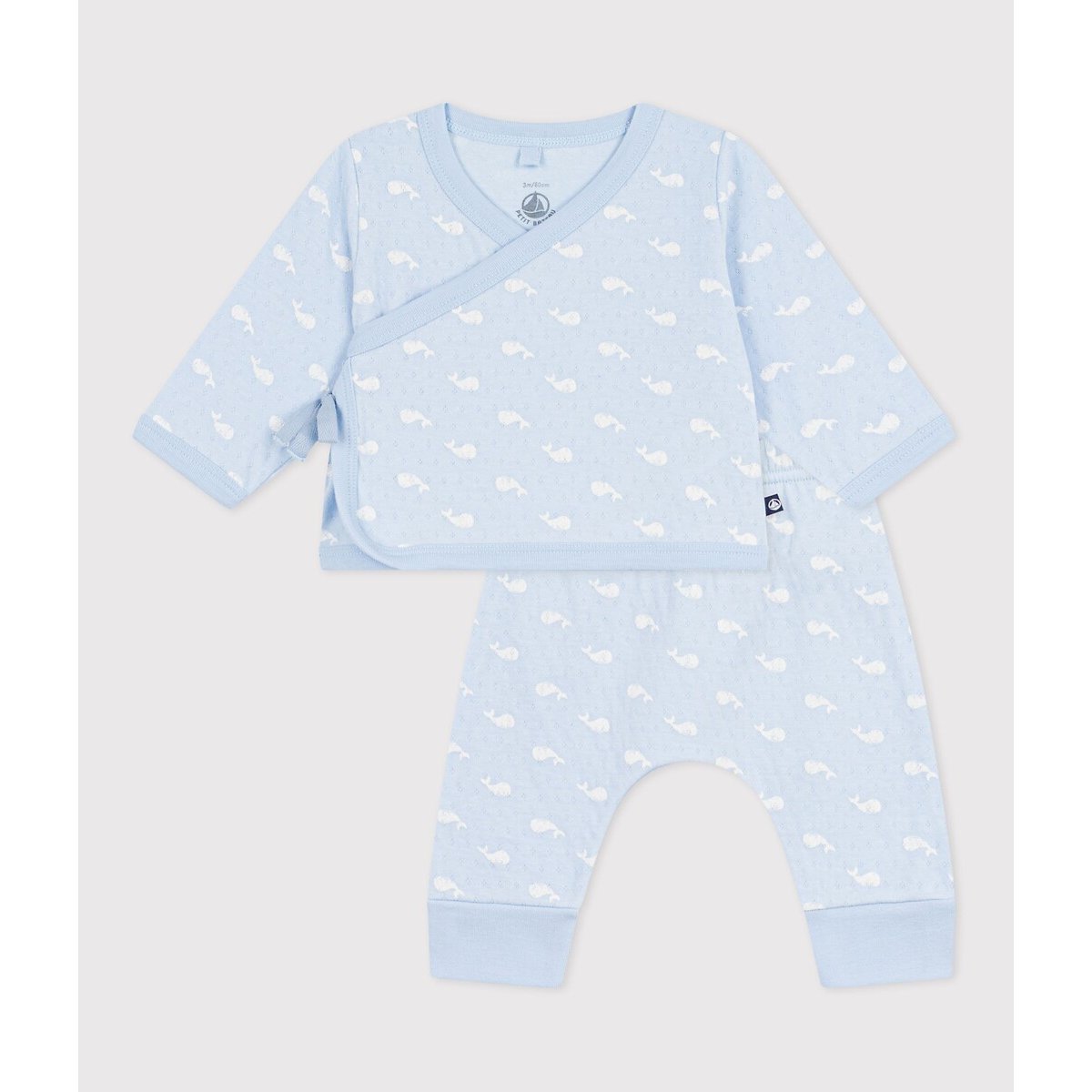 Ensemble long 2 pièces, en coton, imprimé baleines imprimé fond bleu, PETIT BATEAU