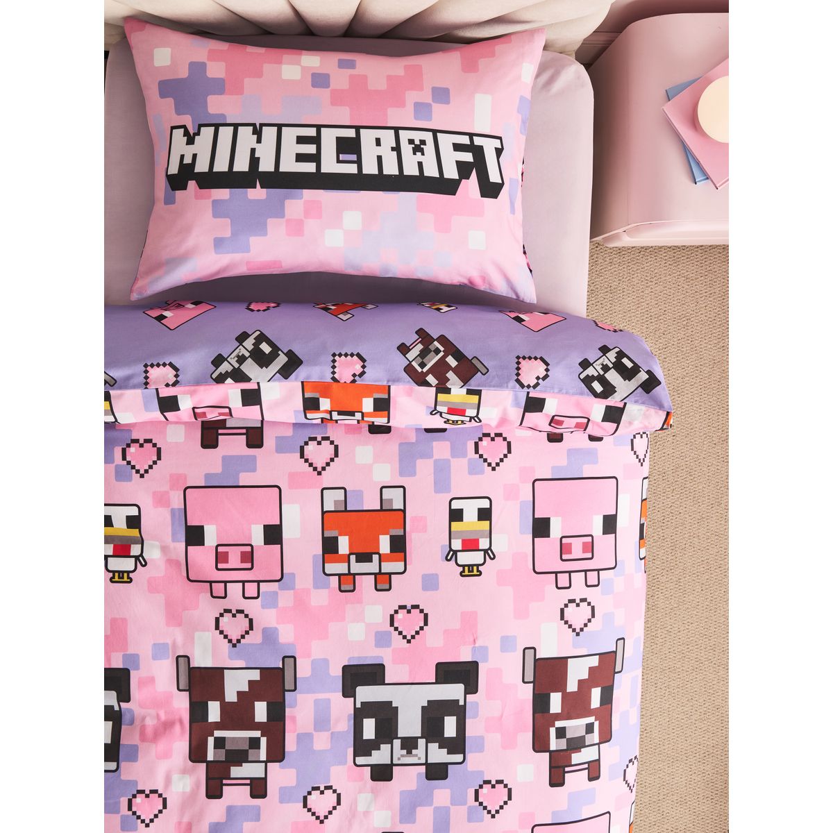 Housse de couette/taie d'oreiller minecraft rose, NEXT