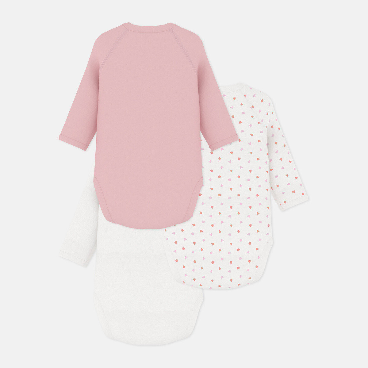 Confezione di 3 body neonato a maniche lunghe bianco + rosa, PETIT BATEAU