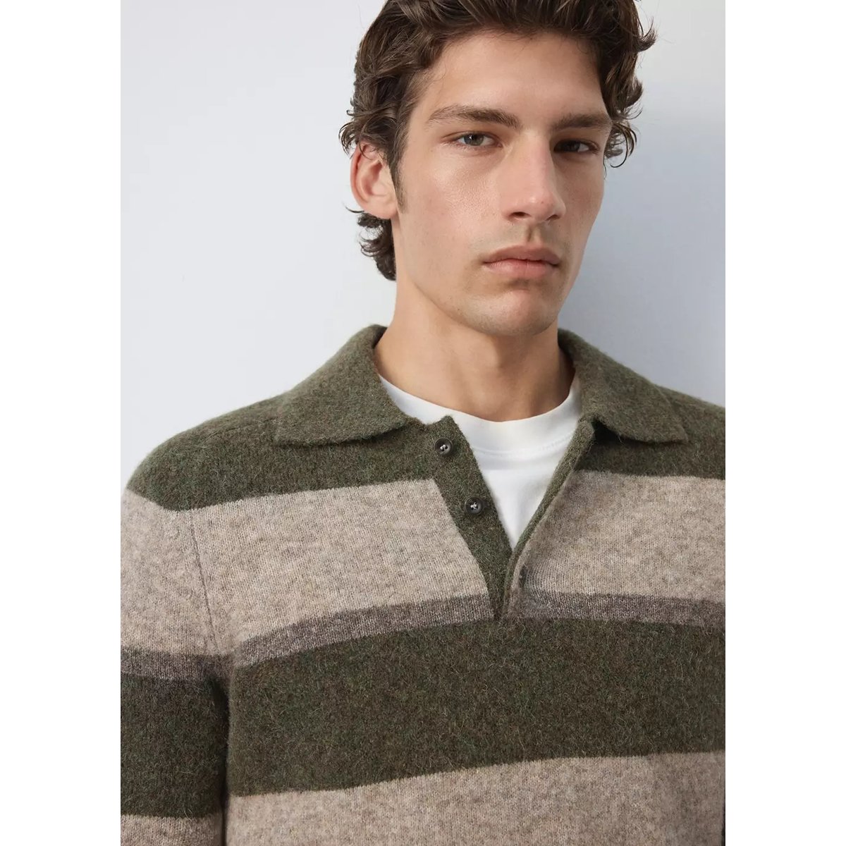 Pull polo rayé en mélange de laine et d’alpaga olive, MANGO MAN
