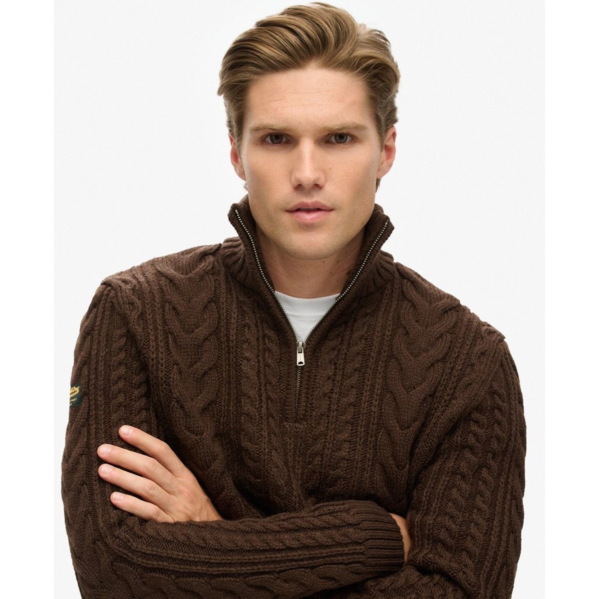 Pull en maille torsadée à col camionneur Vintage Jacob marron chocolat grillé, SUPERDRY