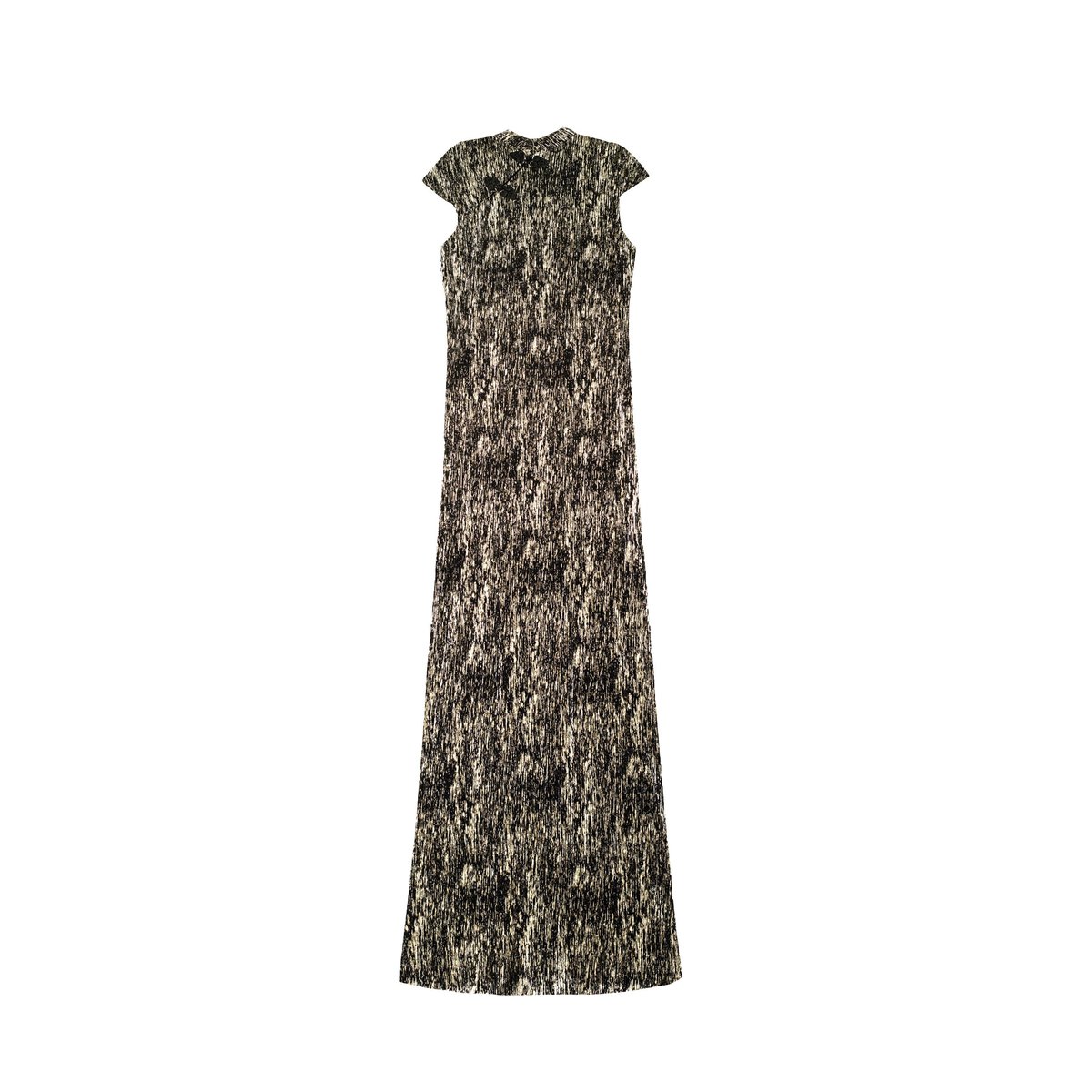 Robe midi style qipao plissée noire et dorée avec col mao noir, THE-ARE